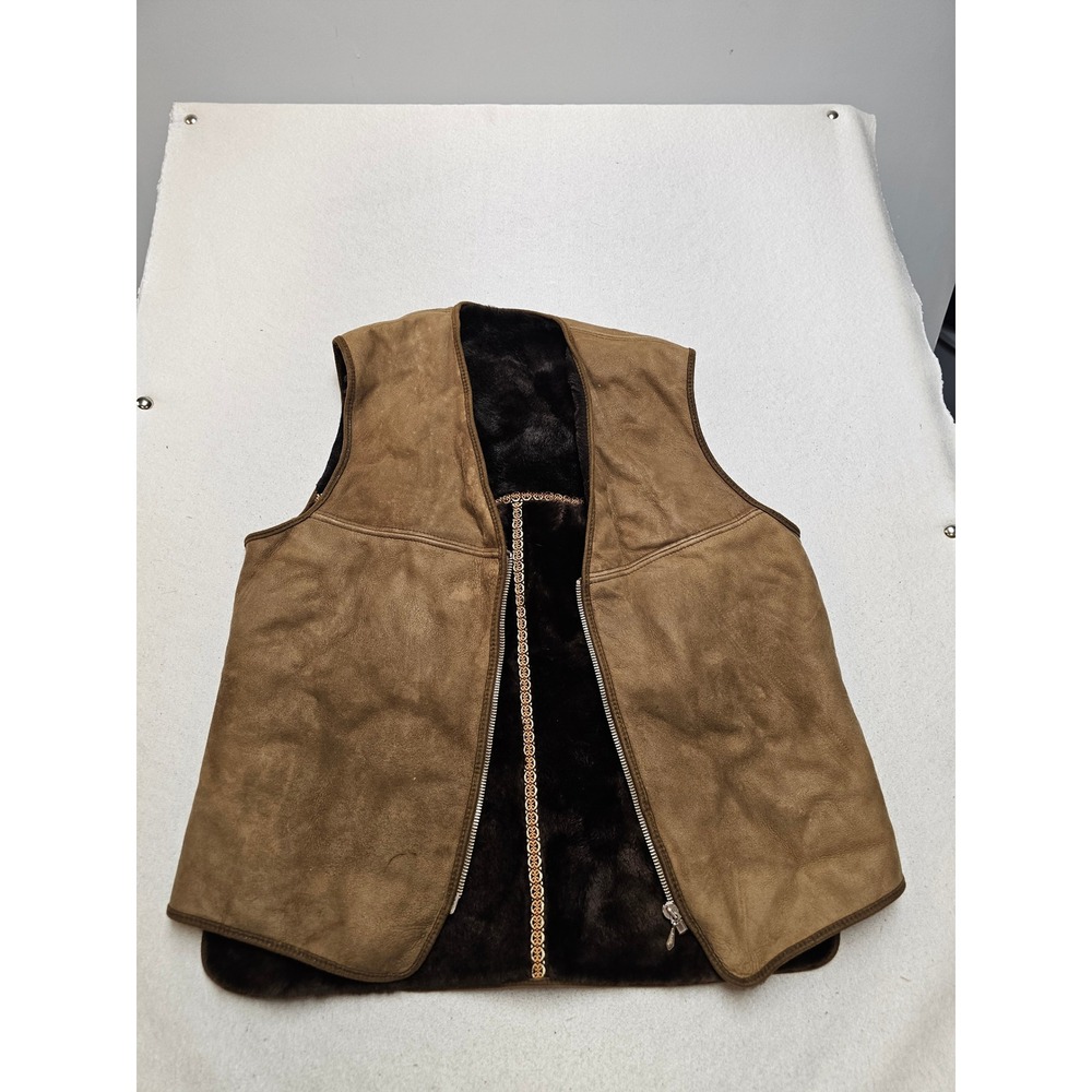Vintage Brown Suede Shearling Vest Faux Fur Lined Zip Up Tan L